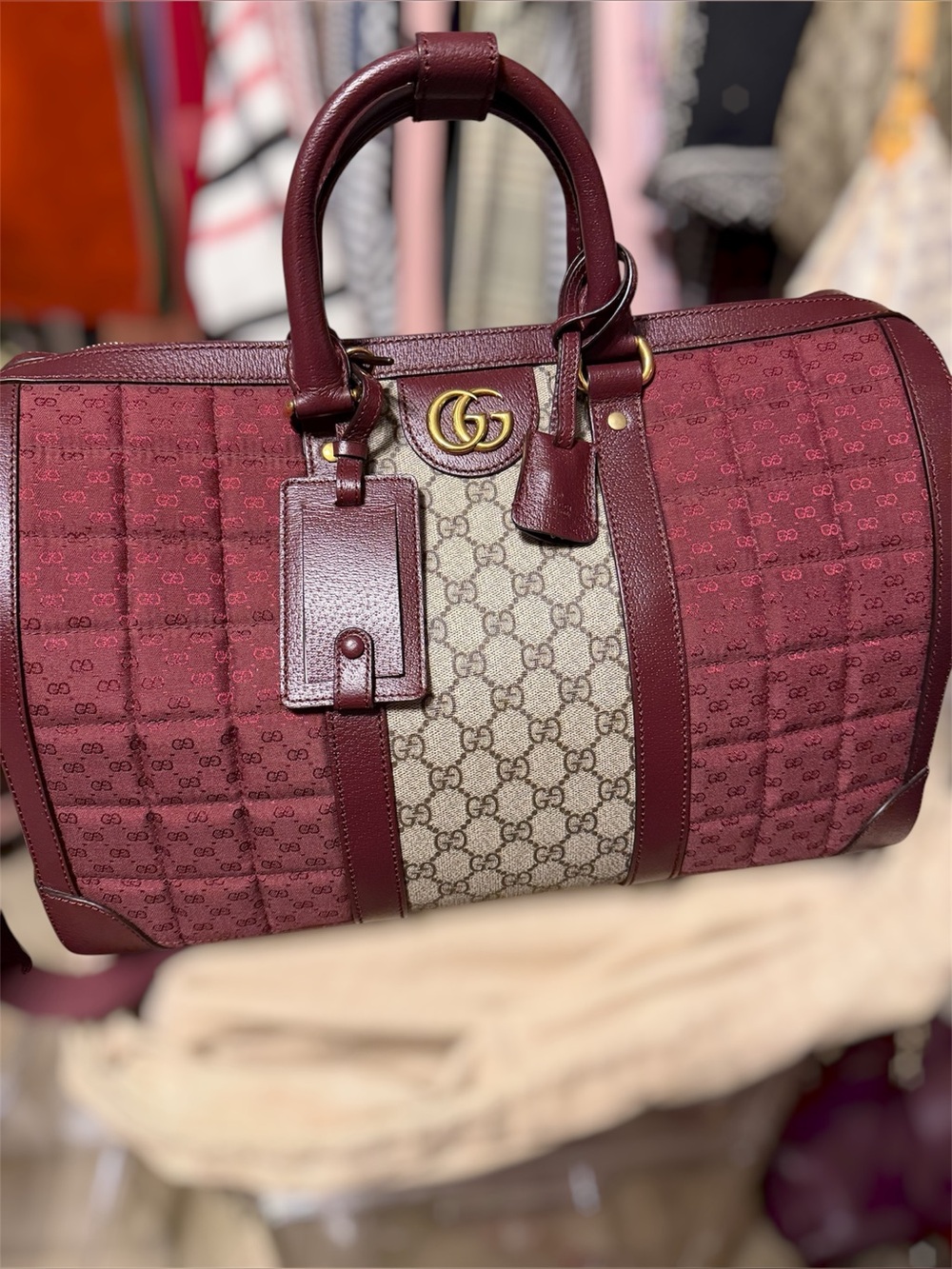 Gucci Savoy Burgundy and Beige GG Canvas Travel Duffel Bag